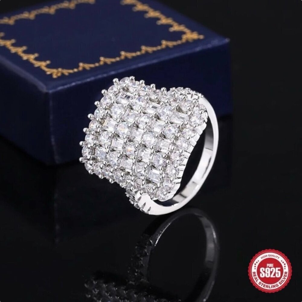 NEW Statement CZ Ring Sz 7 S925 Sterling Silver Square Glam Art Deco Geometric
